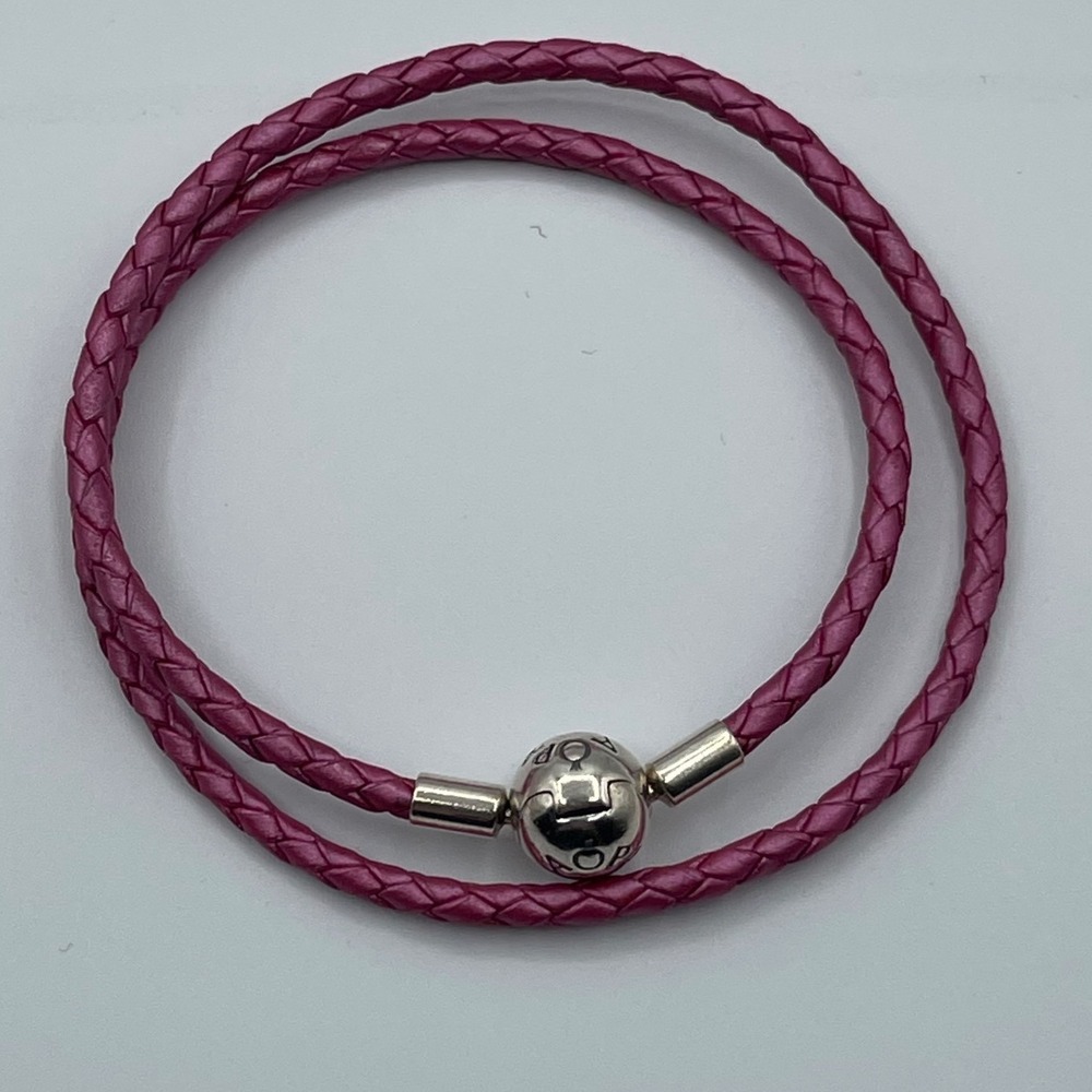 Pandora Pink Braided Leather Double Wrap Bracelet Sterling Silver Clasp S925 ALE